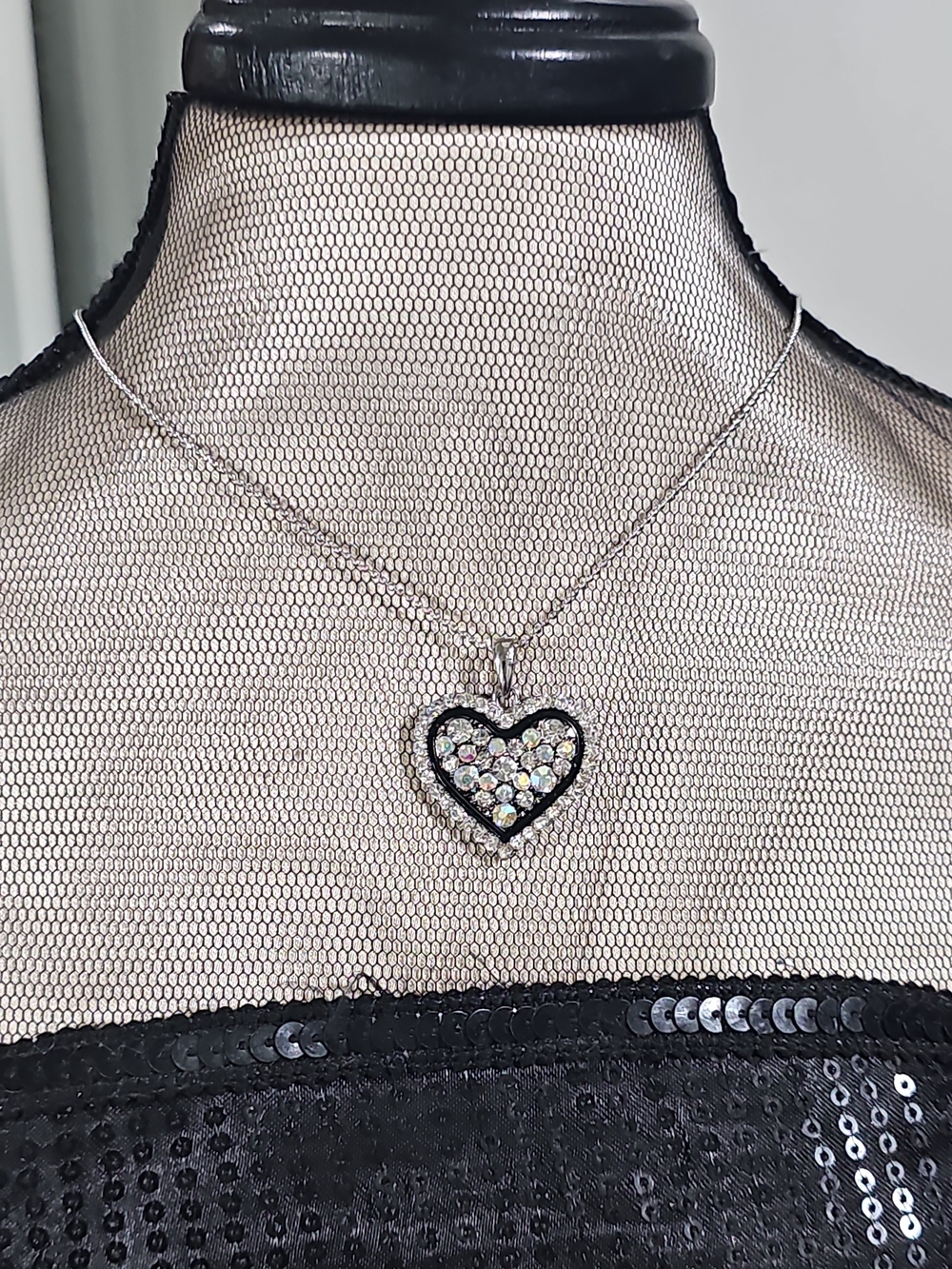 Sterling Silver Heart Pendant Necklace with Iridescent Crystals - Silver
